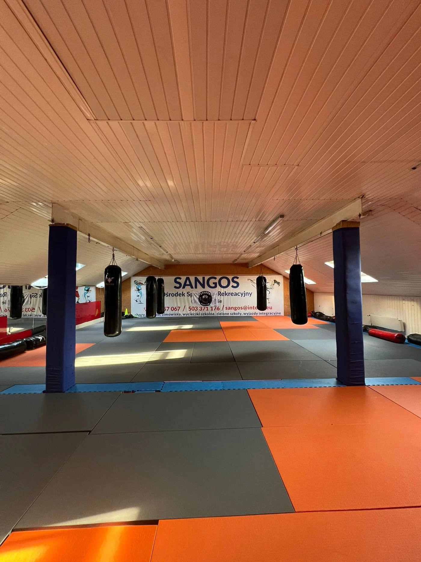 Sala treningowa z workami bokserskimi i matami